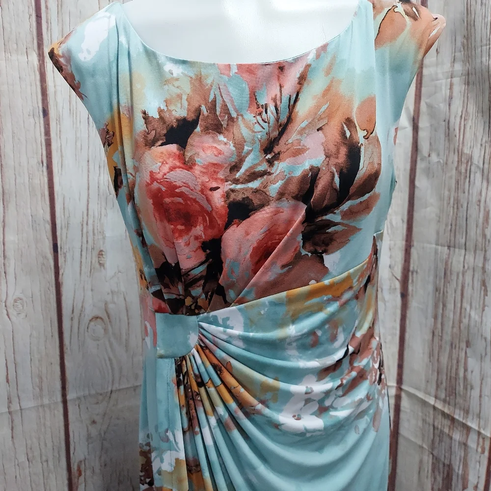 Connected Apparel Floral Print Ruched Wrap Look Midi Dress - Picture 5 of 14